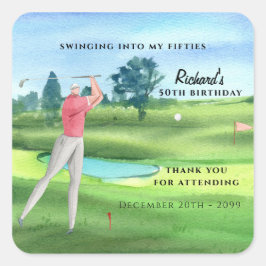 Man Golf Player Swinging Fifties 50th Birthday Vierkante Sticker