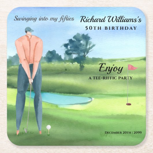 Man Golf Player Swinging Into My 50th Birthday Kartonnen Onderzetters (Voorkant)