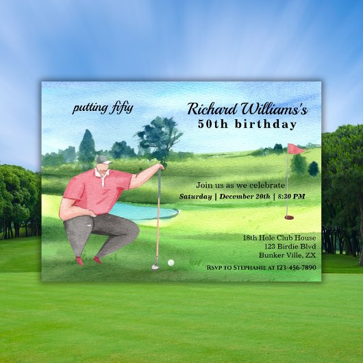 Man Golf Putting Fifty 50th Birthday Kaart