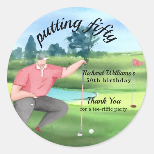 Man Golf Putting Fifty 50th Birthday Ronde Sticker (Voorkant)