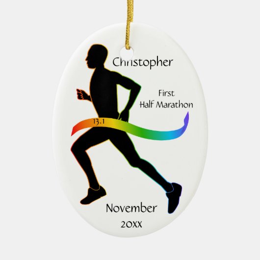 Man halve marathonloper regenbooglintsieraad keramisch ornament (Voorkant)