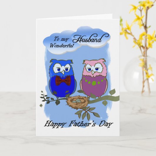 Man / Happy Vaderdag - Cartoon Uilen Kaart (Gele Bloem)