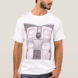 Man heeft moeite om te beslissen welke deur hij bi t-shirt