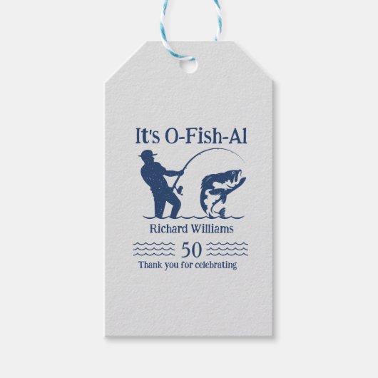 Man Het is Ofishal Fisherman 50ste verjaardagsfees Cadeaulabel (Voorkant)