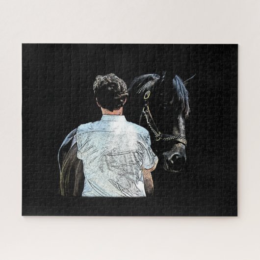 Man Holding Horse Dark Jigzaag Puzzle Legpuzzel (Horizontaal)