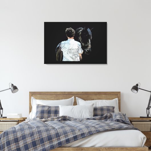 Man Holding Horse Dark Stretched Canvas afdrukken (Insitu (Slaapkamer))