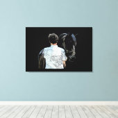Man Holding Horse Dark Stretched Canvas afdrukken (Insitu (Houten vloer))