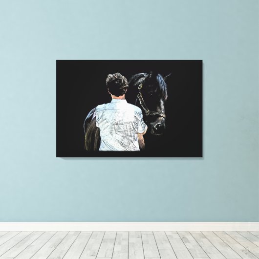 Man Holding Horse Dark Stretched Canvas afdrukken (Insitu (Houten vloer))