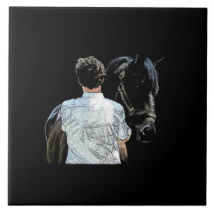 Man Holding Paard Donker Keramische Tegel Tegeltje