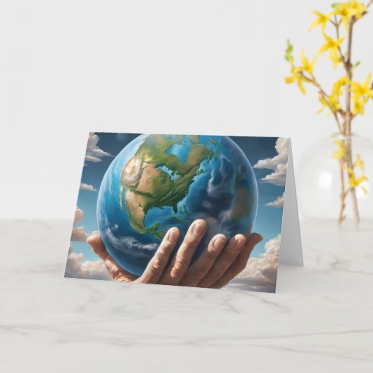Man Holding Planet Earth voor Earth Day Kaart (Gele Bloem)