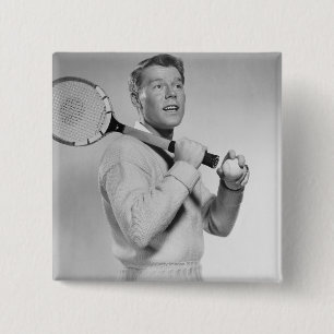 Man Holding Tennis Racket Vierkante Button 5,1 Cm