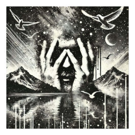 Man houdt zijn hoofd in zijn handpalmen, zwart en  foto afdruk