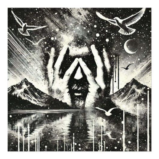 Man houdt zijn hoofd in zijn handpalmen, zwart en  foto afdruk (Voorkant)