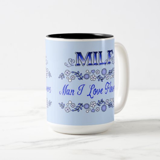 Man I Love Flowers Blauwe tekst 2 Tweekleurige Koffiemok (Voorkant rechts)