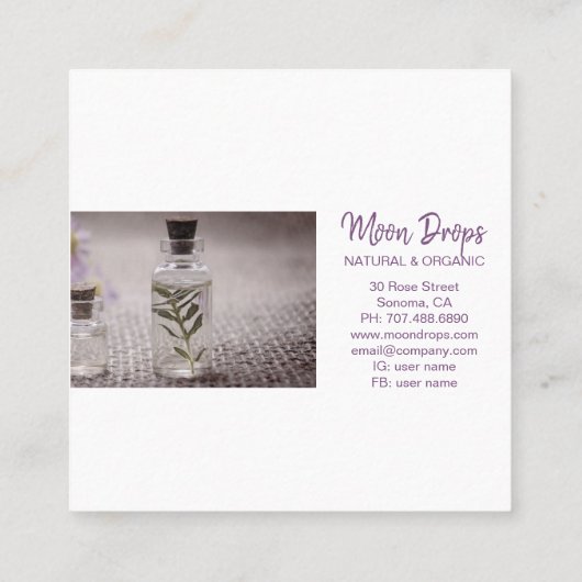 Man in de maan etherische oliën aromatherapie scho vierkante visitekaartje (Achterkant)