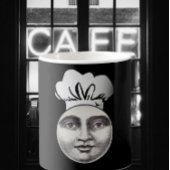 man in de maan full face chef pet zwart koffiemok