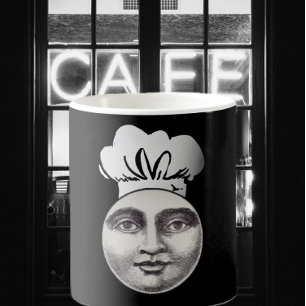 man in de maan full face chef pet zwart koffiemok