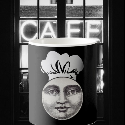 man in de maan full face chef pet zwart koffiemok