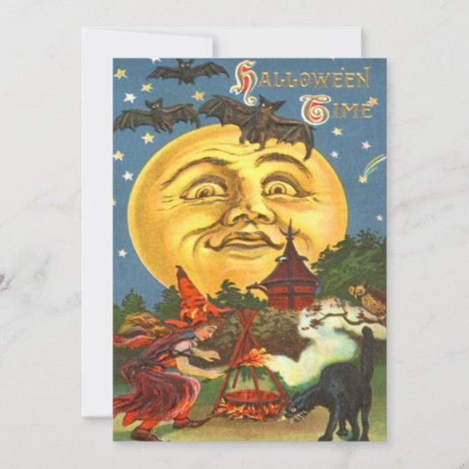 Man in de maan heks zwarte kat vleermuis sterren kaart (Voorkant)