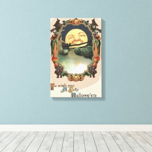 Man in de maan Jack o lantaarn heks Canvas Afdruk (Insitu (Houten vloer))