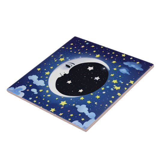 Man in de maan op een sterrenachtergrond tegeltje (Zijkant)