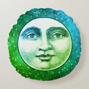 man in de maan vol gezicht blauwgroen blauw groen rond kussen