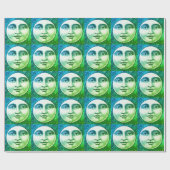  man in de maan vol gezicht blauwgroen blauwe ster cadeaupapier (Vlak)