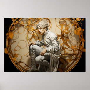 Man in een gouden houtschilderij poster