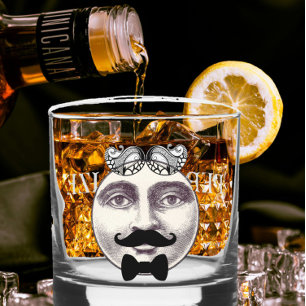 man in Moon Bartender Mustache Bow stropdas Whisky Glas