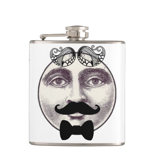 man in Moon Full Face Mustache Bow stropdas Heupfles (Voorkant)