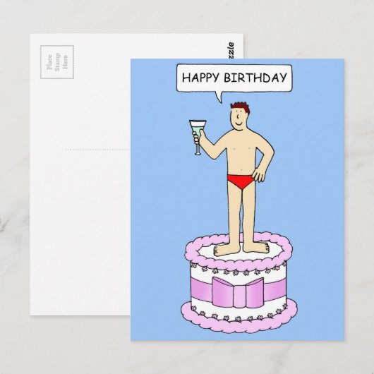 Man in Onderbroek op Taart Happy Birthday Briefkaart (Voorkant / Achterkant)