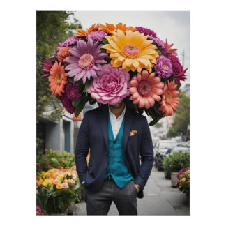 Man in pak met hoofd bedekt met bloemen perfect poster