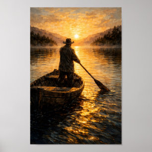 Man in roeiboot olieverfschilderij landschap bij z poster