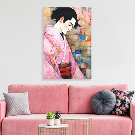 Man in roze kimono canvas afdruk (Insitu (Woonkamer))