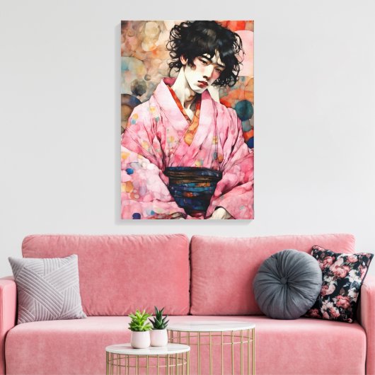 Man in roze kimono canvas afdruk (Insitu (Woonkamer))