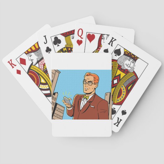 Man in stripstijl die naar mobiele telefoon kijkt pokerkaarten (Achterkant)