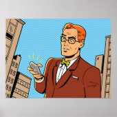 Man in stripstijl die naar mobiele telefoon kijkt poster (Voorkant)