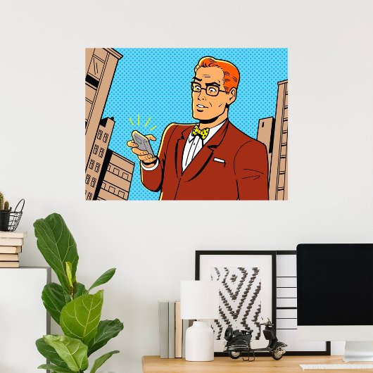 Man in stripstijl die naar mobiele telefoon kijkt poster