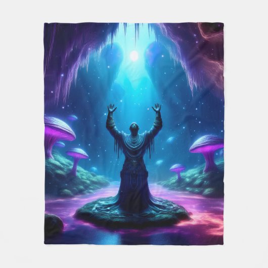 Man in vloeiend gewaad verhoogt armen omhoog gloei fleece deken (Voorkant)