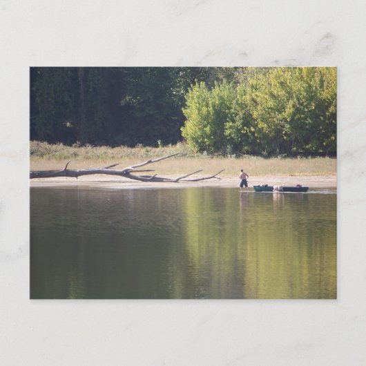 Man, kano, hond en driftwood briefkaart (Voorkant)