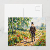 Man loopt veldpad met Cavalier Spaniel Briefkaart (Voorkant / Achterkant)