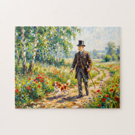 Man loopt veldpad met Cavalier Spaniel Legpuzzel