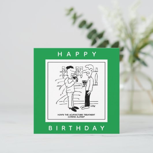 Man met Acupunctie Behandeling in Pub Cartoon Kaart (Staand voorkant)