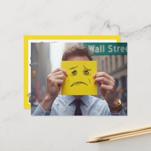 Man met bezorgd gezicht tekenen op Wall Street Briefkaart (Voorkant / Achterkant in situ)