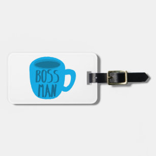 Man met blauwe koffie bagagelabel