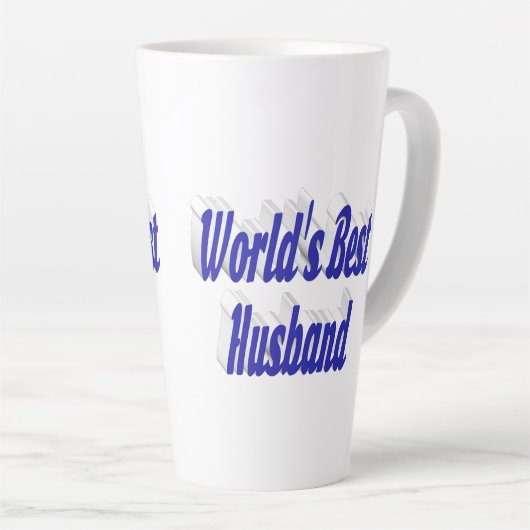 Man met blauwe tekst latte mok (Rechterhoek)