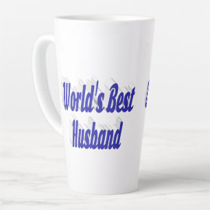 Man met blauwe tekst latte mok