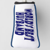 Man met donkerblauwe tekst golfheadcover (Draai 90)