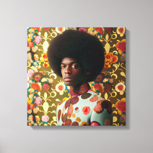 Man met een afro voor een florale wal canvas afdruk