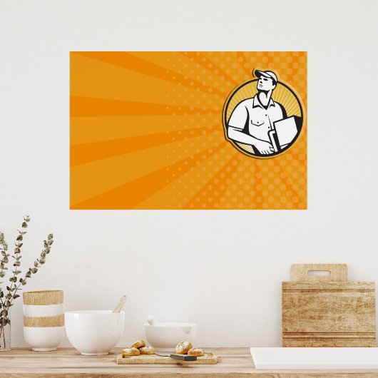 Man met een dolly met kartonnen omloop leveren poster (Keuken)